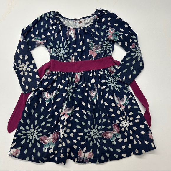 Tea Collection Floral Butterfly Belted Long Sleeve Dress - Navy and Pink - Picture 1 of 4